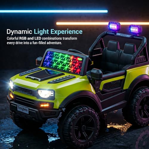 Image of Baybee RoverX Battery Operated Jeep for Kids with Parental Control | Baby Ride On Electric Car with RGB Lights, Music & Swing Mode | Rechargeable Battery Car for Kids 2 to 6 Years (Florescent Green)