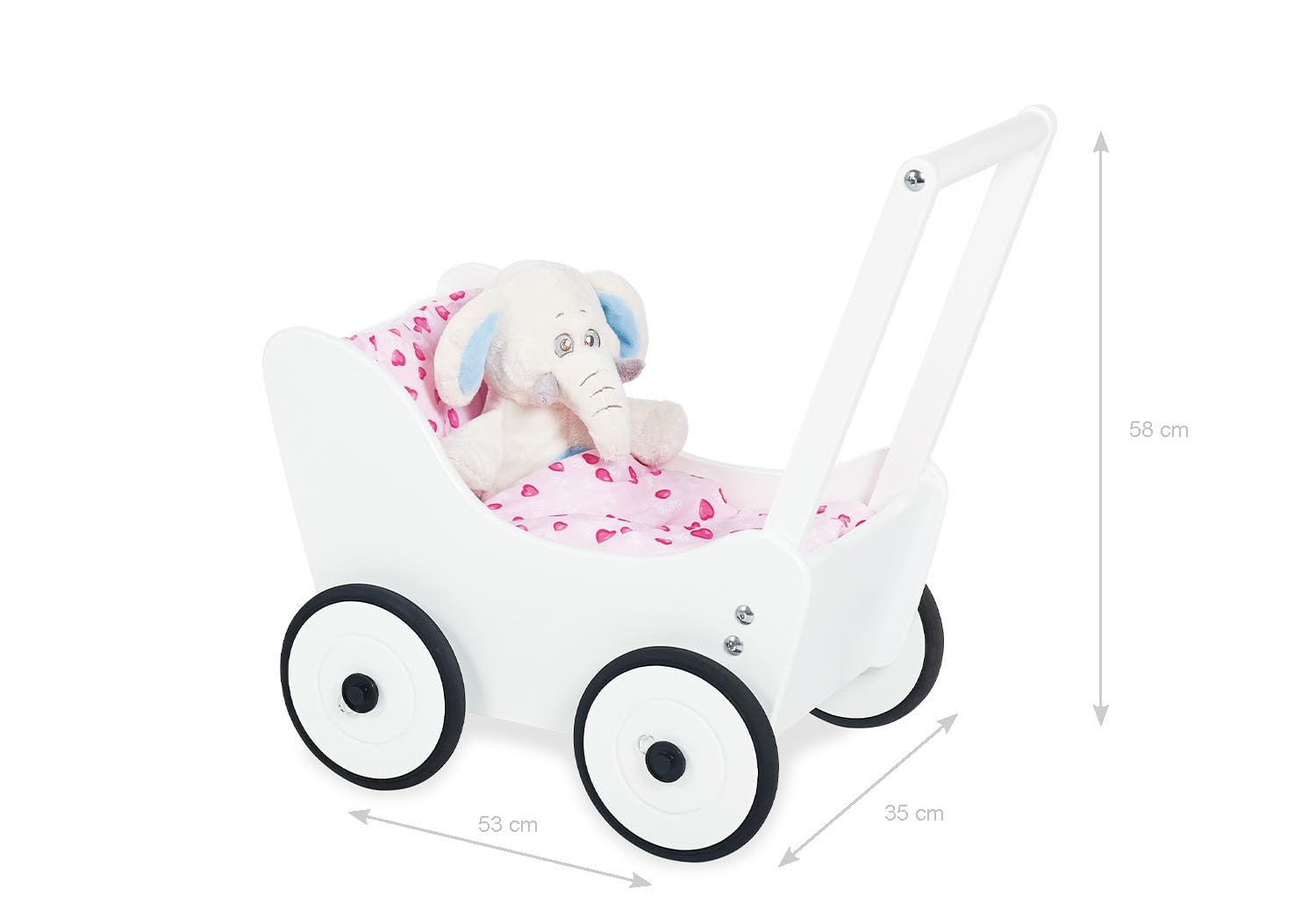 Pinolino Puppenwagen Maria, aus Holz, mit Bremssystem, Lauflernhilfe mit gummierten Holzrädern, für Kinder von 1 – 6 Jahren, weiß