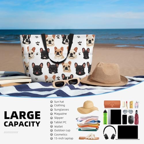 Large Beach Bags for Women Sandproof - Cute Pug Dogs Print Summer Travel Work Tote Bags with Zipper4