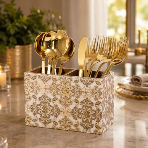 Image of Wooden Spoon Holder for Dining Table | 2-Section Cutlery Storage Box | Kitchen Utensil Organizer with Elegant Gold Pattern | Multipurpose Tabletop Stand | 10 x 16 x 12 cm (Gold Design)