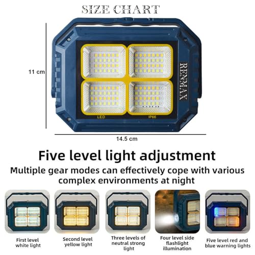 Image of RENMAX Solar Light IP66 Waterproof 30W Flood LED |Portable Cordless Rechargeable| White-Warm White- Red Blue Blinker| for Home, Camping, Travel, Car, Garden, Balcony, Courtyard, Porch and Patio -1Pc