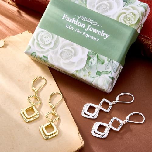 925 Sterling Silver 14K Gold Plated Dangle Earrings for Women, ALEXCRAFT Dangling Drop Geometric Handmade Hammered Square Earring Trendy Leverback Dangly Handcrafted Minimalist Earings Hypoallergenic3