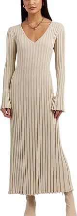 Winter Maxi Sweater Dress Long Sleeve Ribbed Knit Bodycon Sweater Dress for Women V-Neck Midi Wrap Long Dresses