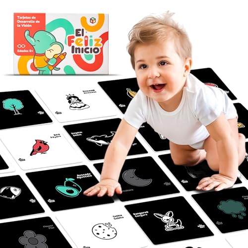 Image of Happy Start High Contrast Baby Cards for Newborns - Black & White Cards, Water-Resistant, BPA-Free, Portable Educational Flashcards for Visual Stimulation, Award-Winning, Ages 0+ (English & Español)