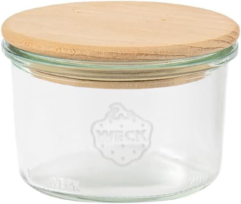 Weck Glass Jars #751 (Pack of 12, Capacity 200 ml, Storage Jar with Wooden Lid + Silicone Seal, Storage Jar for Dessert, Dips, Food) 79201