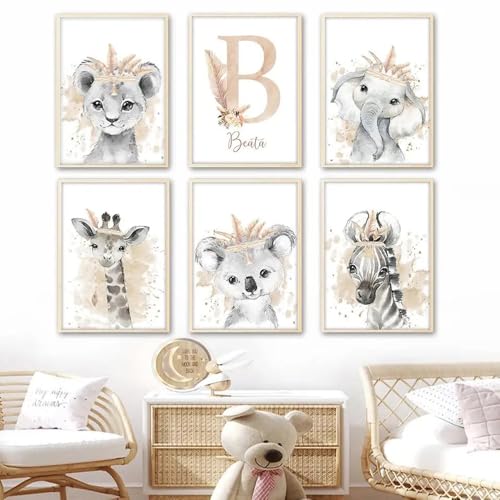 BeiYiHo Affiche Animaux Chambre Enfant Éléphant 40x50 Affiche Savane Bebe Deco Chambre Garcon Chambre Bebe Boheme Tableau Personnalisé Prenom Enfant Poster...