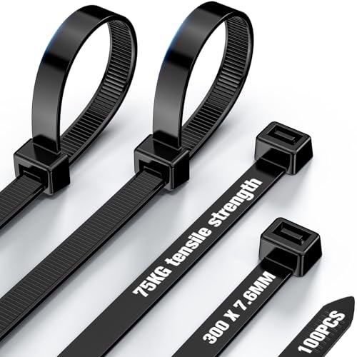 Serre Cable Noirs 300mm × 7,6 mm - Attache Cable Résistance à La Traction 75 kg, 100 Pièces Serflex ultra Résistant aux UV, Pour la Famille, Jardin,...