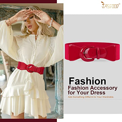 JASGOOD Women Wide Stretch Belt,Vintage Chunky Buckle Elastic Waist Belts Patent Leather Belt 50s Belt for Dress2