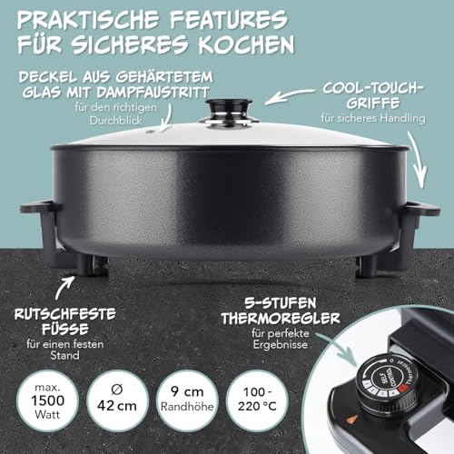 Foto von GOURMETmaxx elektrische Pizza-Pfanne mit Thermostat, Glasdeckel & Antihaftbeschichtung | Multifunktionspfanne mit ⌀ 42 cm Durchmesser & 1500 Watt | Pizza Pan - ideal für Partys