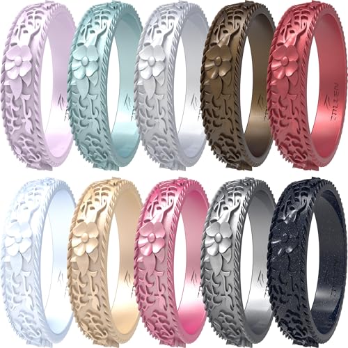 Image of Silicone Wedding Rings for Women 1 /4 /7 Packs -Stackable Silicone Rubber Wedding Bands - Innovative Flower & Vine Collection