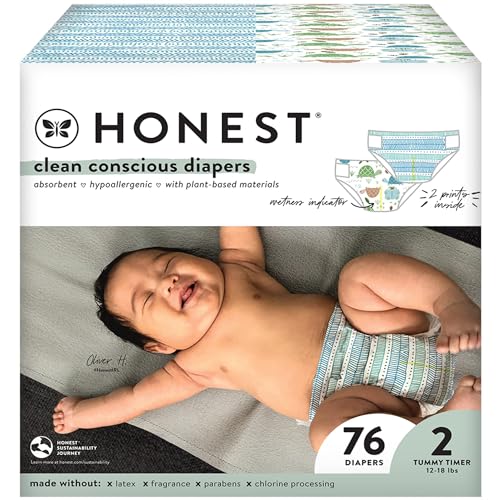 Image of The Honest Company Comfort Dry Disposable Diapers Plant-Based Sustainable Turtle Time and Dots & Dashes Club Box Size 2 12-18 lbs 76 Count