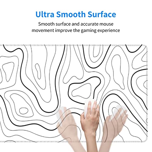 Image of White Extended Gaming Mouse Pad - 31.5 x 11.8 Inch Black and White Topographic Mouse Pad with Anti-Slip Rubber Base for Home Office