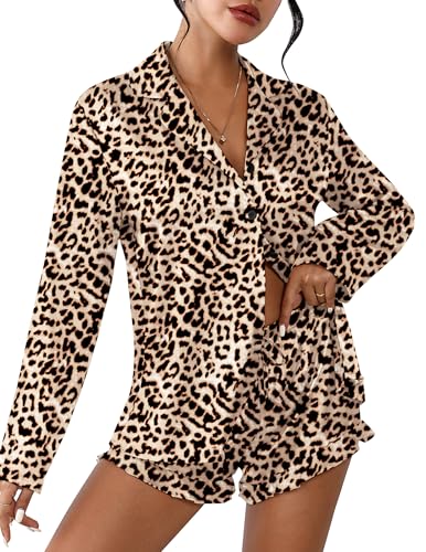 Image of Ekouaer Womens Satin Pajama Sets Long Sleeve Top and Shorts Lounge Set Button Down Sleepwear