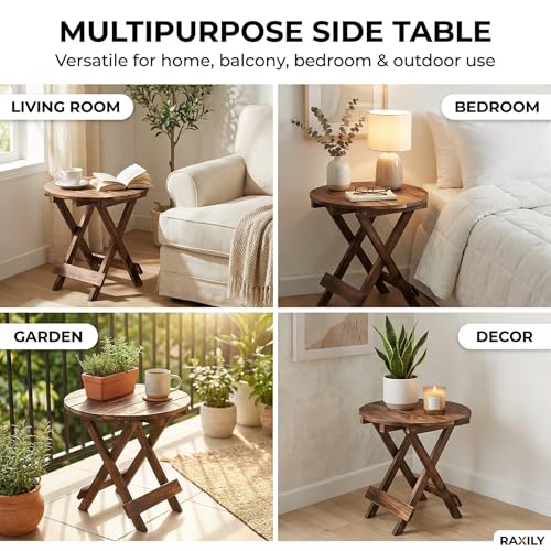 Image of Wooden Folding Side Table, Mango Wood Coffee Table for Living Room, Foldable Corner Table for Bedroom, 30 cm Square, Antique Finish (Round)