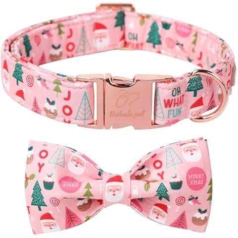 Babole Pet Christmas Dog Collars for Small Dog with Bow Tie,Pink Dog Collar with Safety Metal Buckle Adjustable Puppy Collars for Medium Large Dog,Boy&Girl&Male&Female Dog Gift,S-10-16 Cover