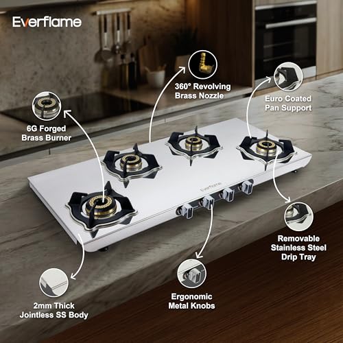 Image of Everflame Marvel 4 Burner Gas Stove(Long) | Manual Ignition | 6G Series Brass Burner | ISI Certified Cooktop | 5 Years Warranty (Body & Burners) + 2 Year Comprehensive Warranty + Doorstep Service