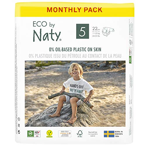 Eco by Naty, Talla 5, 132 pañales, 11-25kg, suministro para UN MES, Pañal ecológico Premium hecho a base de fibras vegetales. 0% plásticos derivados del petróleo en contacto con la piel
