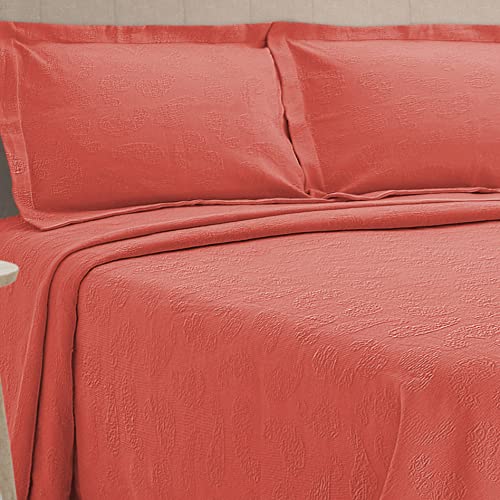 Image of BNM Oversized Paisley Matelasse Cotton Bedspread, Jacquard Weave, Soft and Breathable, All-Season, Cozy and Lightweight, Perfect for Master or Guest Bedroom, Matching Pillow Shams, Coral, Twin