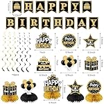 Zirtorei 20Pcs Black and Gold Birthday Party Decorations Kit for Men Women, Happy Birthday Banner Backdrop Honeycomb Centerpiece, Happy Birthday Hanging Swirl Table Topper Sash Paper Pompoms Set - Image 2