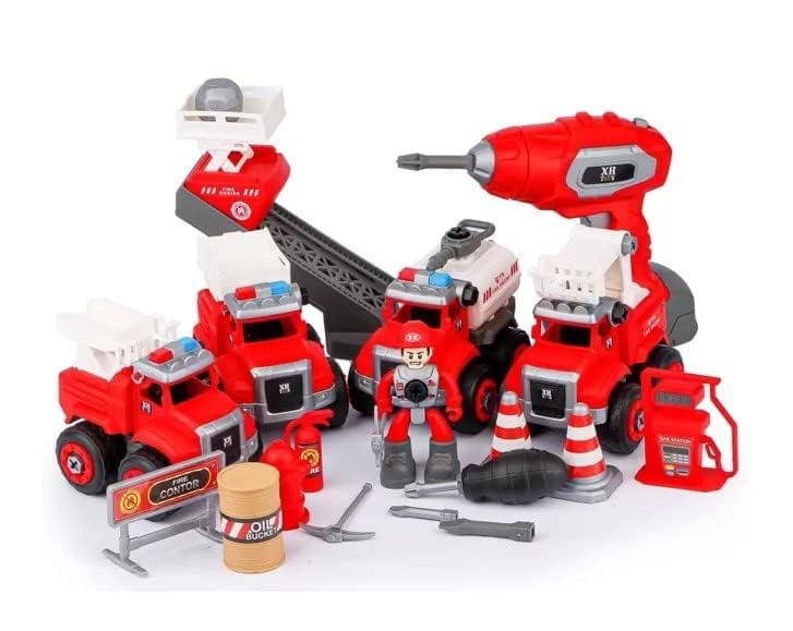Image of Fire Trucks Toy Playset, DIY Assembly Fire Engine Truck, Rescue Ladder Vehicles Toys ren with Screwdriver and Drill Machine, Educational Gift for Kids Toddlers Boys Girls Child