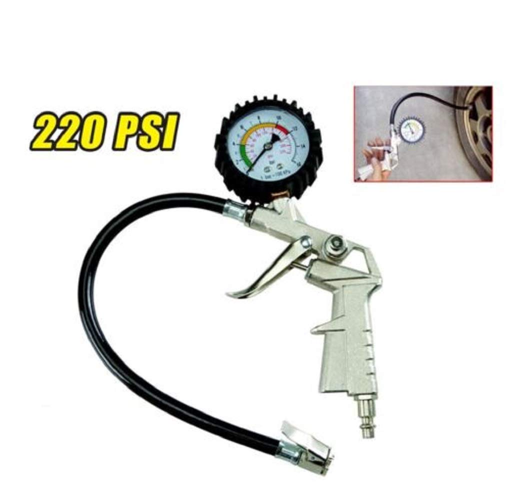 Dial Tire Inflator Gauge Flexible Hose 220 PSI Pistol Style Air Chuck Pneumatic New
