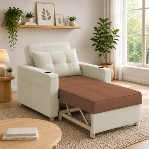 Image of Casaliving Treshta Seater Pull-Out Premium Fabric Sofa Cum Bed Sofa Set for Living Room Premium Fabric Sofa Set for Living Room Sofa Cum Bed (Cream Brown, 1 Seater)