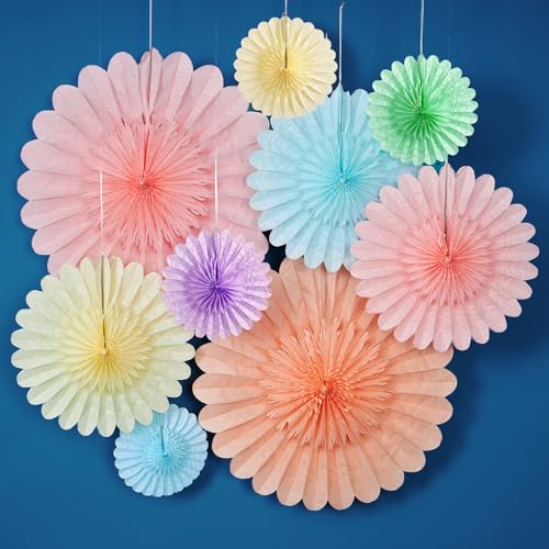 Image of 9PCS Huge Pastel Hanging Paper Fans Decoration Macaron Birthday Party Decorations Rainbow Ice Cream Easter Paper Hanging Decor for Bridal Baby Shower Classroom Home Decor
