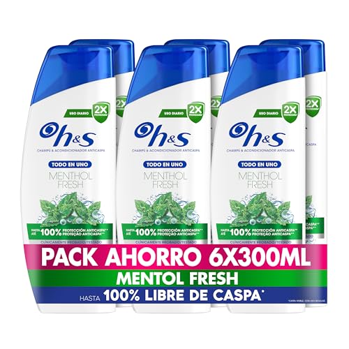 H&S Menthol Fresh Champú y Acondicionador Anticaspa Todo en Uno, Frescura con Aroma a Mentol, Pack de 6 x 300 ml
