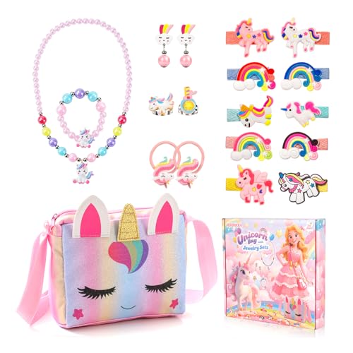 KDISHKRA 20 Piezas Unicornio Joyas Set, Regalos de Unicornio para niñas, Conjunto de Bolso y Joyería con Collar de Unicornio Pulsera Pendientes Anillo Horquillas Coleteros, Regalo para Niñas 3-9 Años KDISHKRA 20 Piezas Unicornio Joyas Set, Regalos de Unicornio para niñas, Conjunto de Bolso y Joyería con Collar de Unicornio Pulsera Pendientes Anillo Horquillas Coleteros, Regalo para Niñas 3-9 Años