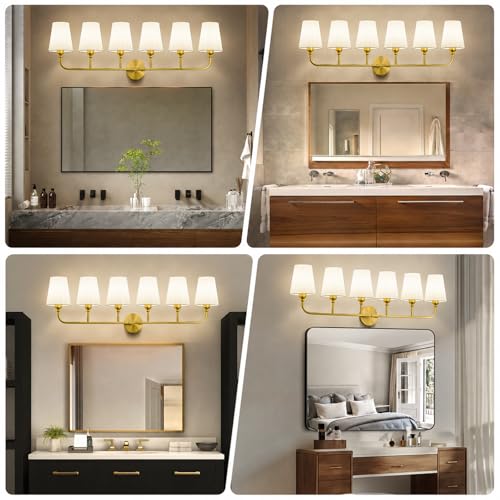 Image of Bathroom Vanity Light, Brushed Gold Bathroom Lighting Fixtures Over Mirror | 6-Light Bathroom Light Fixtures with Flared White Fabric Shade, E26 Socket (ETL Listed)