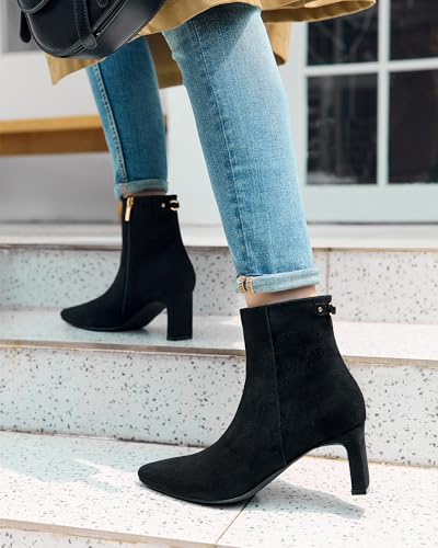 Coutgo Womens Ankle Boots Chunky Heel Closed Pointed Toe Booties Side Zipper Winter Dress Shoes3