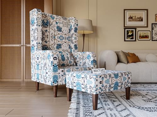 Image of Wooden Wing Chair with Ottoman | Wingback Chair for Living Room | Home Decor Furniture (White with Blue Print)