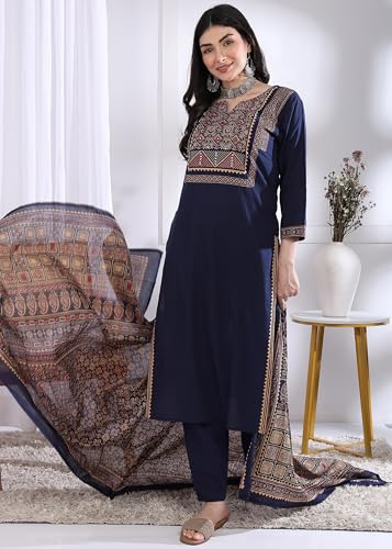 Image of Vbuyz Women Ajrakh With Yoke design Cotton Straight Kurta Set With Dupatta
