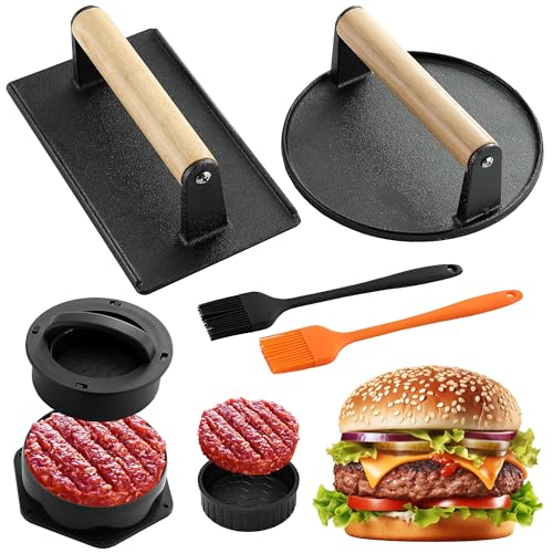 POLIGO Smash Burger Press Kit - 4 in 1 Stuffed Burger Mold, Cast Iron Burger Presses, Sauce Brushes Included - Non Stick Smash Burger Press Set for Grill and Griddle Cooking, Black Round and Rectangle