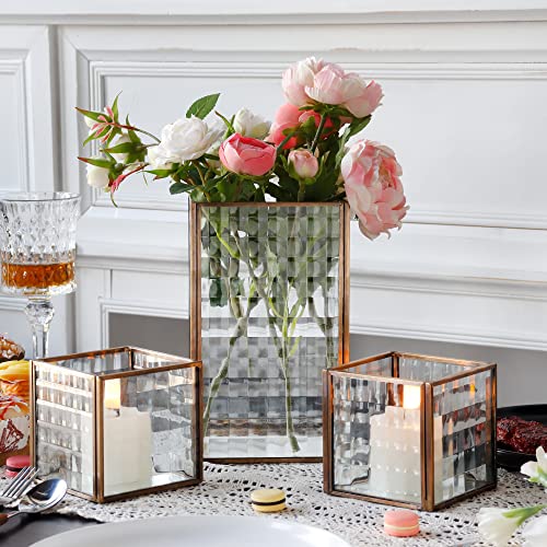 Jhy Design Set Of 3 Copper Frame With Texture Glass Hurricane Candleholder Lantern Decorative Box Plant Terrarium Tabletop Curio Case/Shadow Box Great #TOP4