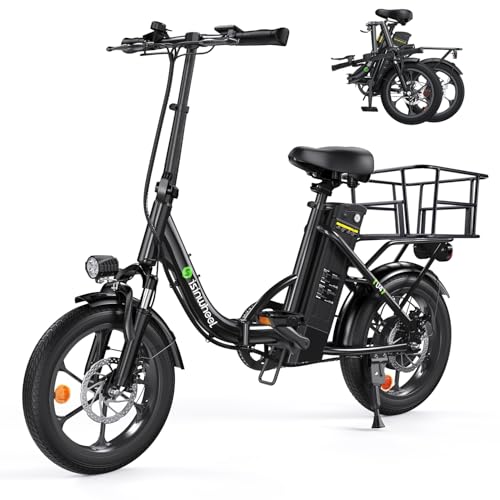 isinwheel U4 16" Folding E Bike for Adults Electric Bike with Suspension, 10.4Ah Battery, 500W Motor, 19mph Top Speed, Step Through Adult Electric Bicycles, Mini Commute Ebike for Adults and