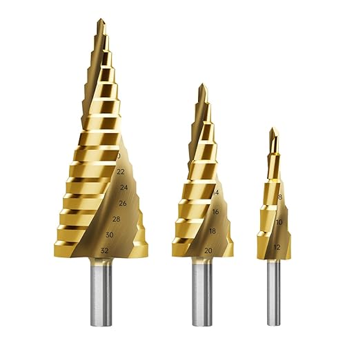 HUHAO Juego de brocas escalonadas, 3 brocas de acero de alta velocidad ranuradas en espiral para chapa de aluminio, metal, madera, perforación,