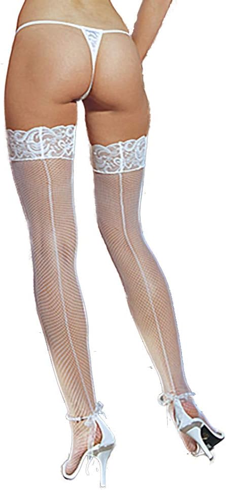 Fishnet Backseam Lace Top Hold Ups By Sentelergi,Various Colours,Sizes S,M,L,XL (Large, White)