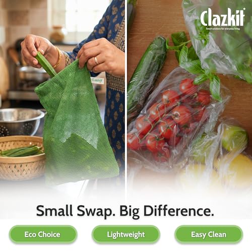 Image of Clazkit Cotton Fridge Bags Set of 6 | Reusable | Breathable Mesh Produce Bags for Refrigerator | Eco-Friendly Washable Cotton Bag Fruits, Greens, Onion, Potato & Grocery Storage