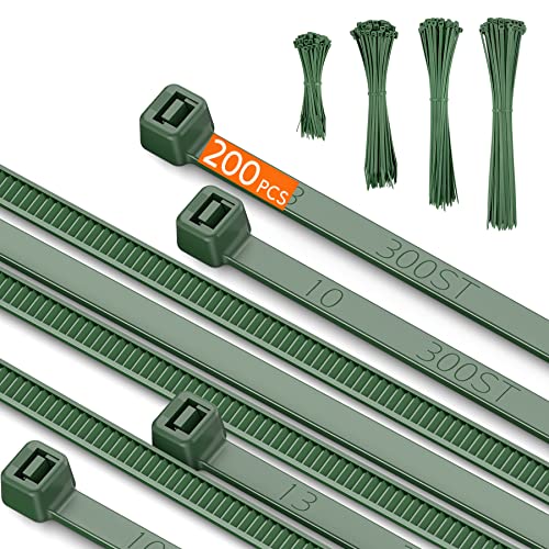 4 Sizes 200Pcs Cable Zip Ties, Idemeet Heavy Duty Pa66 Plastic Wire Ties, 12+10+8+4 Inch Premium Self-Locking Nylon Cable Ties Decoration Tie Wraps For Fencing Gardening Farming Grid Wall, Dark Green #TOP25