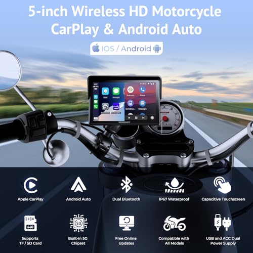 Image of 5 inch Motorcycle CarPlay Wireless for Apple CarPlay & Android Auto,W522 Car Play Motorbike Waterproof Touch Screen with Dual Bluetooth,GPS Navigation,Siri /G-Assist,EQ,USB /Hardwired Power Supply