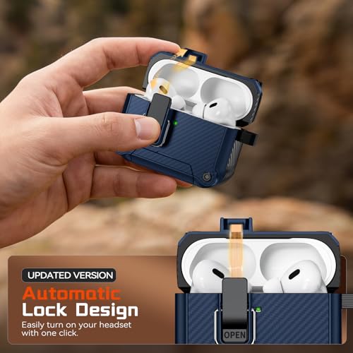 Image of Inesore for AirPods AirPods Pro 1st /2nd Case with Secure Lock (Dark Blue) | Phone Stand Design,Compatible with MagSafe,Automatic Snap Switch Secure Cover Carbon Fiber Texture with Cleaner Kit