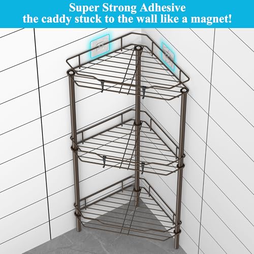 Image of HuggieGems 3 Tier Floor Standing Corner Shower Caddy Organizer Shelf with Hooks, Bathroom Shelves Stand Rack, Bronze