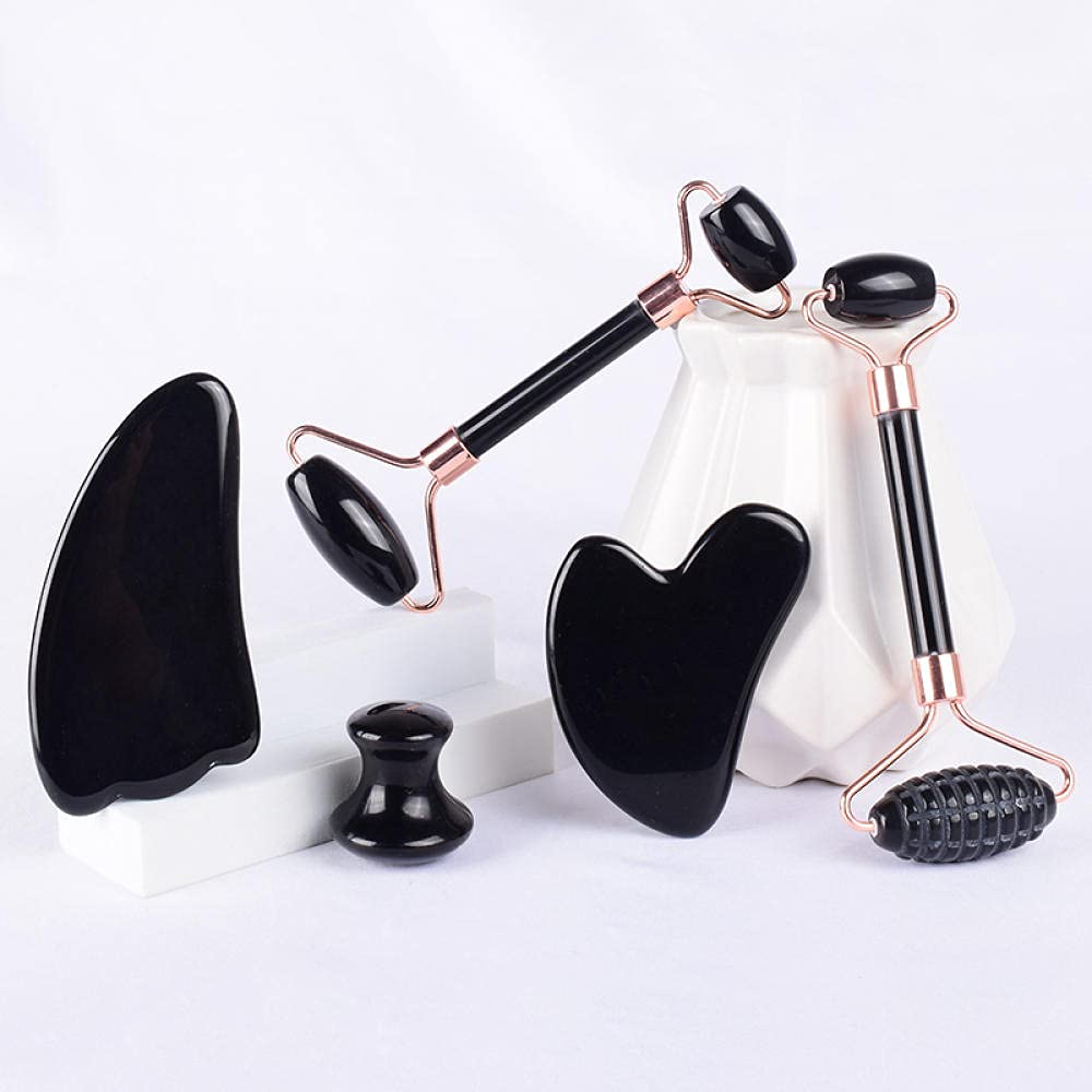 gua sha viso Rullo di Guasha di Guasha di Guasha Set di Guasha Natural Black Obsidian Crystal Stone-rullo di segale