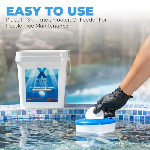 Image of Xtremeclear 3 inch Chlorine Tablets Bucket, 3-inch Individually Wrapped, 25 lbs Chlorinating Tabs for Swimming Pools, Hot Tubs, Spa Slow Dissolving 25 Pound Bucket