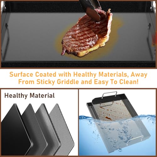 Utheer 17\" x 13\" Nano-Ceramic Nonstick Griddle for Gas & Charcoal Grills – Universal Flat Top Griddle with Grease Groove/Reinforced Ridges/High Sidewalls, Perfect for Healthy Cooking,Parties & Camping