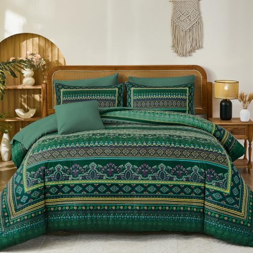 Image of Green Boho Comforter Set Full Size,8 Pieces Striped Bed in a Bag