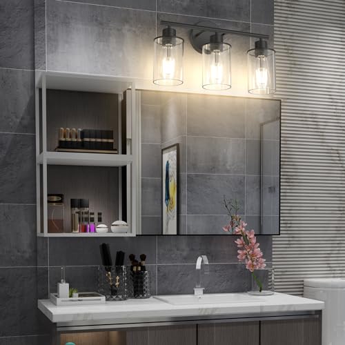 Image of Aipsun Bathroom Vanity Light Farmhouse 3 Light Matte Black Vanity Lighting Fixtures with Clear Glass Shade(Exclude Bulb)