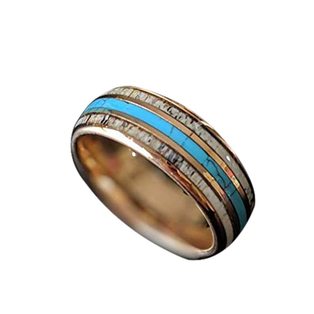 Rustic Deer Antler Rings for Men Tungsten Rustic 18K Rose Gold Ring Mens Wedding Band with Turquoise Inlay 8mm