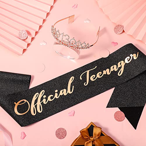 Fanshiontide 13.Geburtstag Schärpe und Geburtstagskrone,Roségold 13 Krone Strass Tiara & Official Teenager Geprägter für 13 Geburtstag Mädchen Alles Gute zum 13. Geburtstag Party Deko Supplies